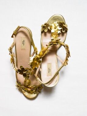 Prada Metallic Gold Floral Appliqué Slingback Sandals